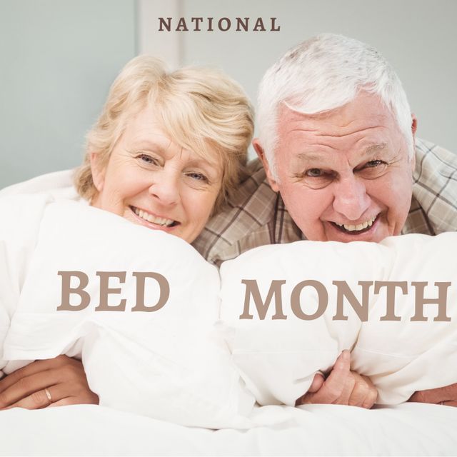 Elderly couple laughing and smiling in bed, resting on pillows. Ideal for ads promoting senior health, bedding products, senior living, family happiness, aging, and togetherness.