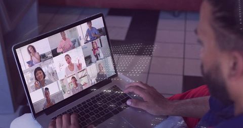 Virtual meeting with diverse group on laptop screen