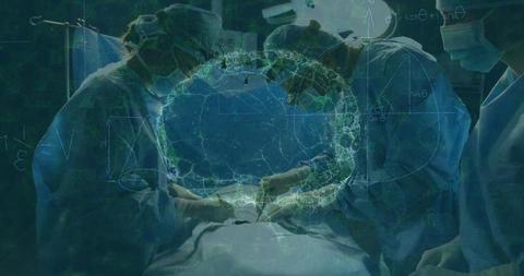 Image depicts diverse surgeons engaged in surgery with a green, digital holographic brain superimposed over them. Illustrates the fusion of healthcare and advanced technology, showcasing the modern integration of medical science with digital tools. Useful for medical technology publications, healthcare innovation articles, and educational materials on surgical procedures.