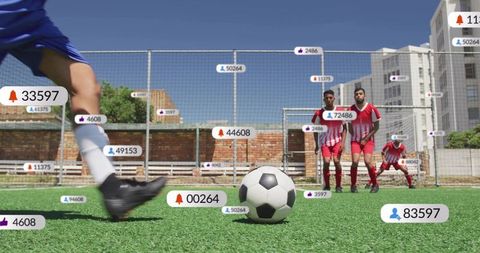 Young player taking penalty kick with augmented reality engagement overlays on urban pitch