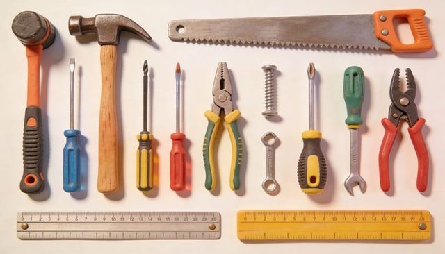 Organized colorful hand tools flatlay showing hammer, saw, pliers, screwdrivers, rulers