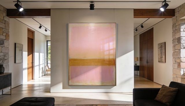 Sunlit modern entryway featuring large abstract pink and gold painting and stone accents
