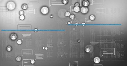 Floating network visualization with chat avatars, messaging bubbles and analytics overlay