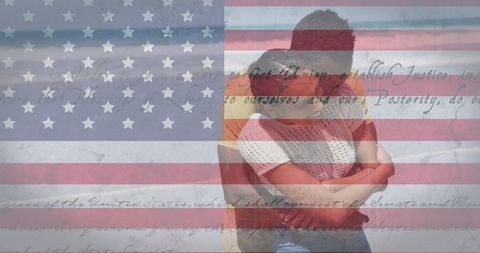Couple Embracing with American Flag Overlay Symbolizing Patriotism