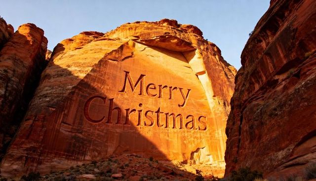 Merry christmas carved into sunlit red rock cliff, dramatic desert canyon holiday scene