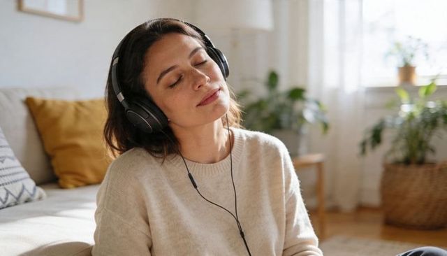Woman relaxing with headphones in cozy sunlit living room surrounded by houseplants
