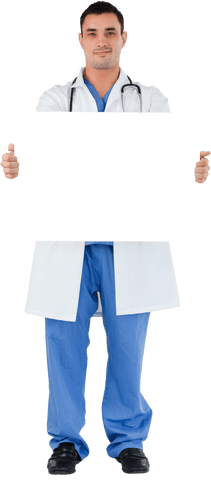 Transparent doctor holding blank card for customized message