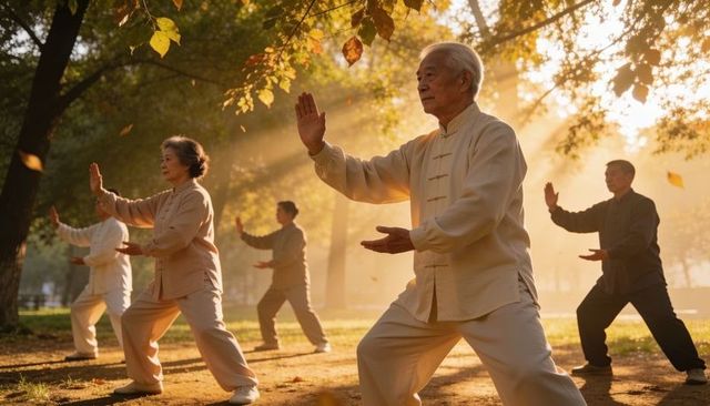 Senior asian practicing tai chi at golden sunrise in autumn park, group mindful exercise