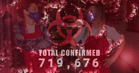 Masked cafe staff standing under biohazard symbol with large confirmed cases count overlay