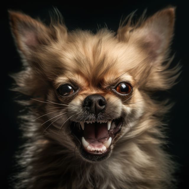 Close-up shot showcasing an aggressive Chihuahua baring its teeth. Ideal for use in advertising pet behavior training, illustrating animal emotions, or enhancing awareness about pet care and handling.