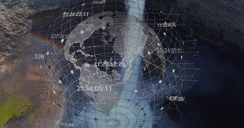 Holographic globe overlay on majestic cenote waterfall