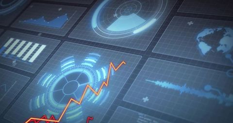 Displaying Futuristic Holographic Data Dashboard with Glowing HUD and Rising Analytics Graph
