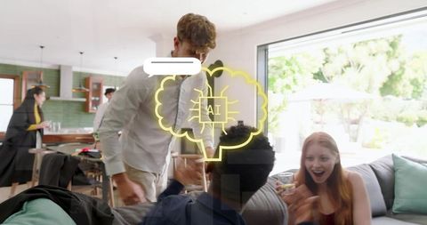 Casual friends sharing ideas at home with ai concept overlay and open-plan kitchen