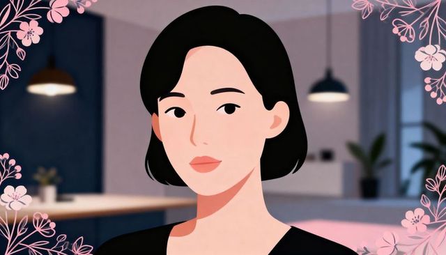 Minimalist female headshot with floral border in modern kitchen interior, stylized illustration
