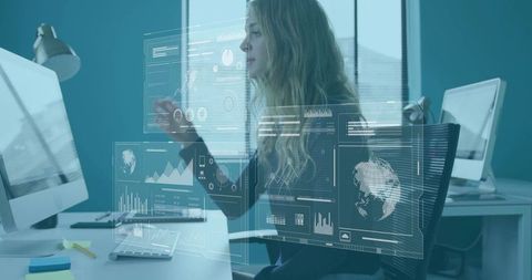 Woman Analyst Interacting with Futuristic Holographic Data Dashboards in Corporate Workspace