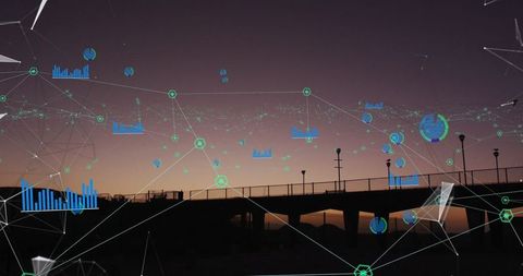 Silhouetted pier with futuristic holographic network visuals