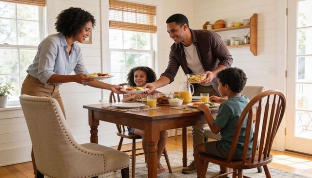 Sunlit family sharing homemade breakfast with parents serving plates