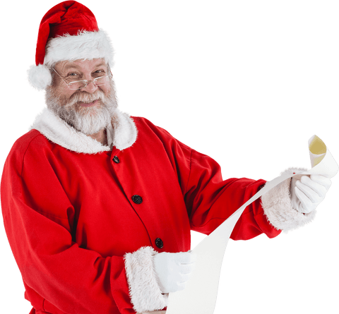 Transparent Santa Claus Holding Christmas Wish List with Joyful Smile