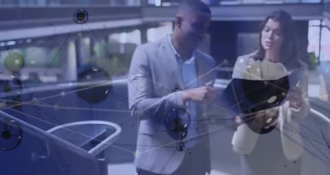 Business Professionals Discussing Digital Innovation with Abstract Tech Overlay