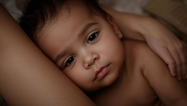 Cradling baby close for quiet bonding moment, tender skin-to-skin embrace and calm gaze