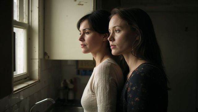 Quiet morning together two women gazing out window soft-light cozy apartment kitchen