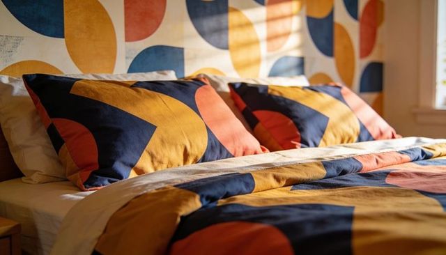 Sunlight highlighting geometric bedding with navy mustard rust palette on cozy midcentury bed