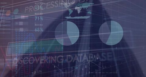 Businessman viewing holographic analytics dashboard with global data charts and pie graphs