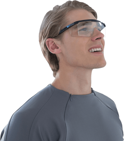 Smiling businessman wearing transparent smart glasses