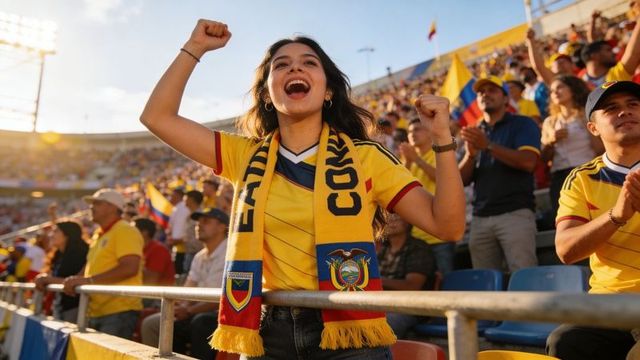 Passionate fan cheering in stadium wearing yellow national team jersey and scarf