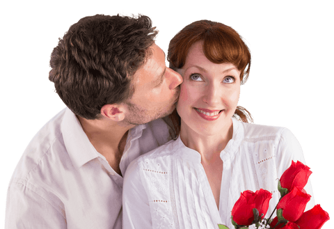 Man Lovingly Giving Red Roses to Romantic Partner with Transparent Background