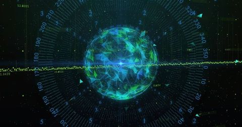 Neon data orb rotating with waveform surge, prismatic facets and futuristic hud analytics