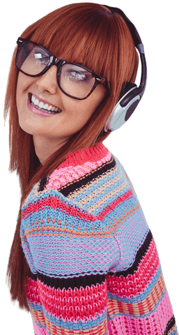 Smiling Woman with Headphones and Transparent Background