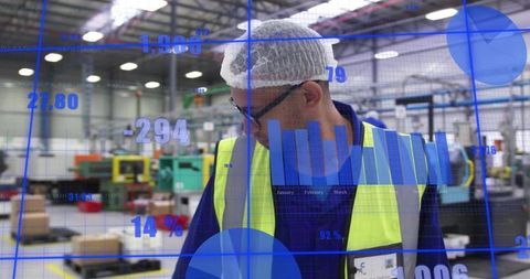 Factory inspector wearing high-visibility vest and hairnet with blue data overlay