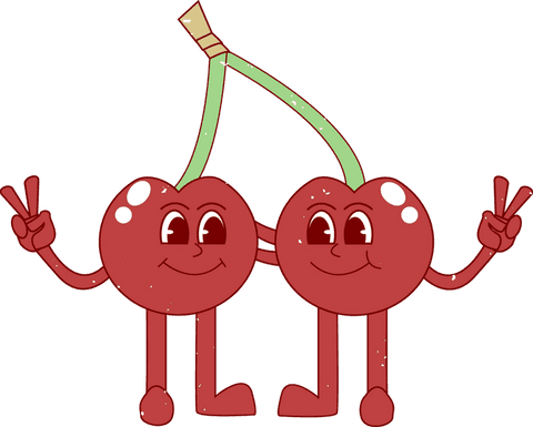 Cheerful cartoon cherry duo holding peace signs on transparent background