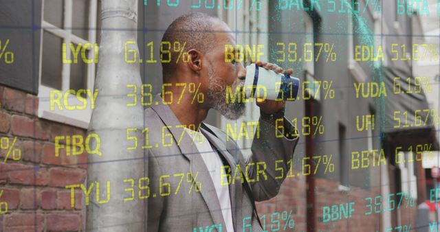 Businessperson Drinking Coffee with Stock Market Data Projection - Download Free Stock Images Pikwizard.com