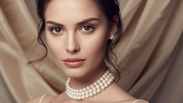Elegant pearl choker portrait of woman with satin drape, refined beauty and luxury