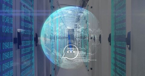 Futuristic Hologram Globe Overlayed in Data Center Corridor