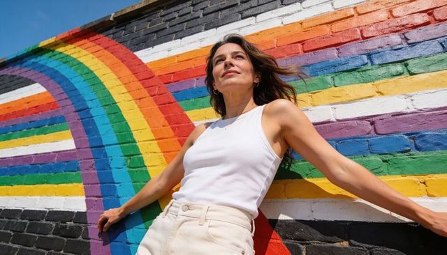 Woman leaning on rainbow brick mural celebrating pride, confidence, sunlit urban portrait