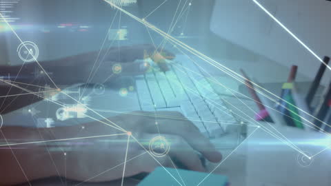 Hands Using Computer with Futuristic Technology Overlay