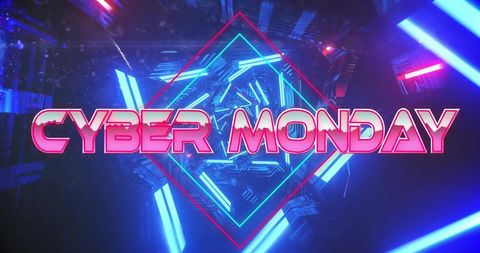Cyber monday neon advertisement with futuristic background