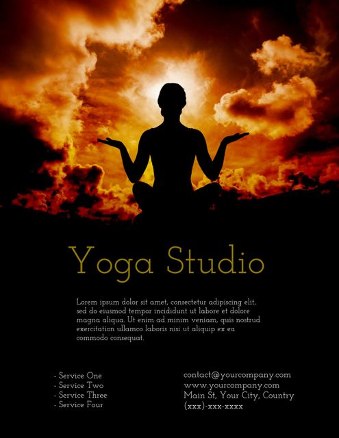 Yoga silhouette promoting wellness and peaceful mindset serves great for advertising yoga studios and wellness retreats. Could also be used for health and fitness magazines or websites focusing on mindfulness. The dramatic sunset in the background enhances the calming and spiritual theme, making it ideal for inspirational content and serene landscape imagery.