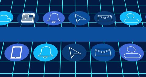Digital interface with social media icons on blue grid background