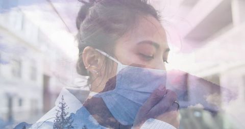 Woman Wearing Mask with Winter Scenery Reflection