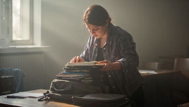 Female student flipping through textbooks at classroom desk in warm daylight