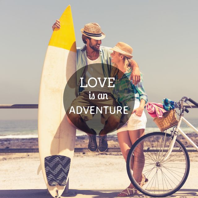 Romantic Couple with Surfboard and Bike Enjoying Summer Adventure - Download Free Stock Templates Pikwizard.com