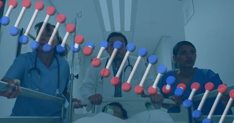 Doctors in urgent care with dna sequence overlay concept