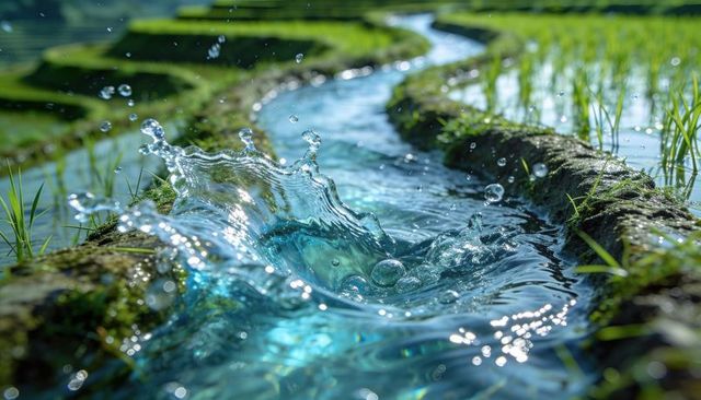 Turquoise irrigation water splashing through mossy terraced rice paddies, sunlit