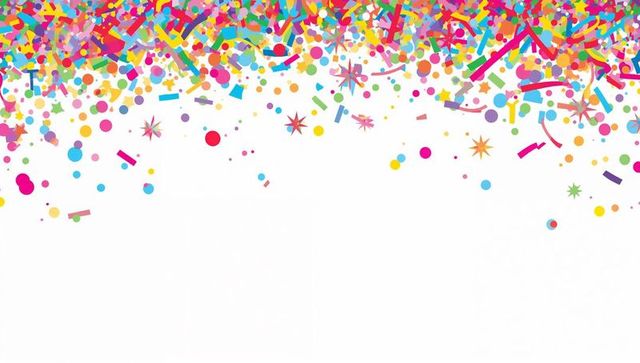 Cascading colorful confetti border on white background for party invitations