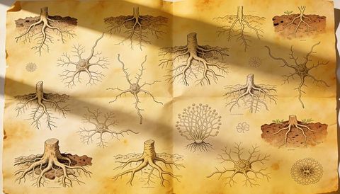 Featuring aged parchment with botanical root diagrams and neuron sketches, antique folds
