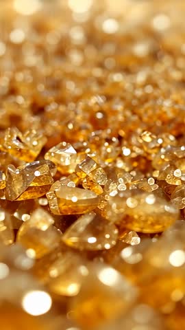 Vertical macro video revealing sparkling amber crystals and faceted beads glittering with bokeh